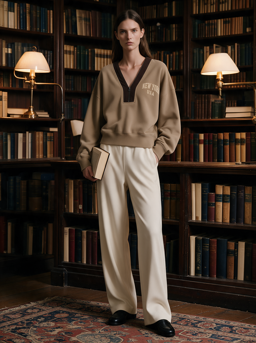 Taupe Varsity Half-Zip Crop Sweatshirt & Wide-Leg Sweatpants Set