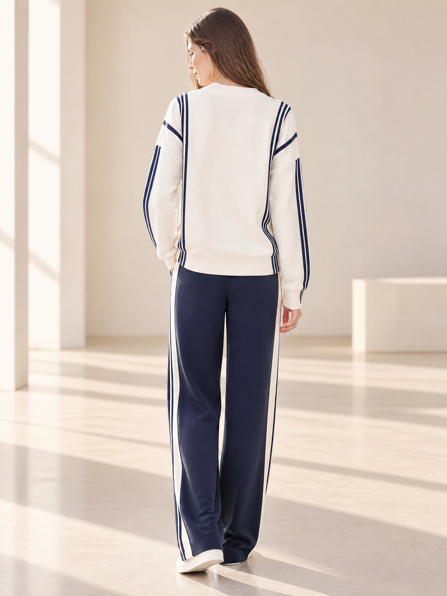 Off-white And Navy Blue Color-block Long-sleeved Top And Trousers Set