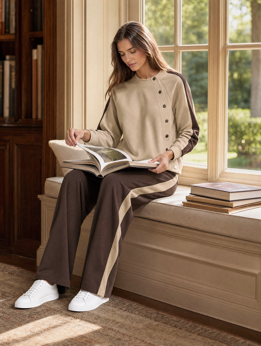 Stylish Khaki Long-Sleeve Color-Block Single-Breasted Top And Wide-Leg Pants Set