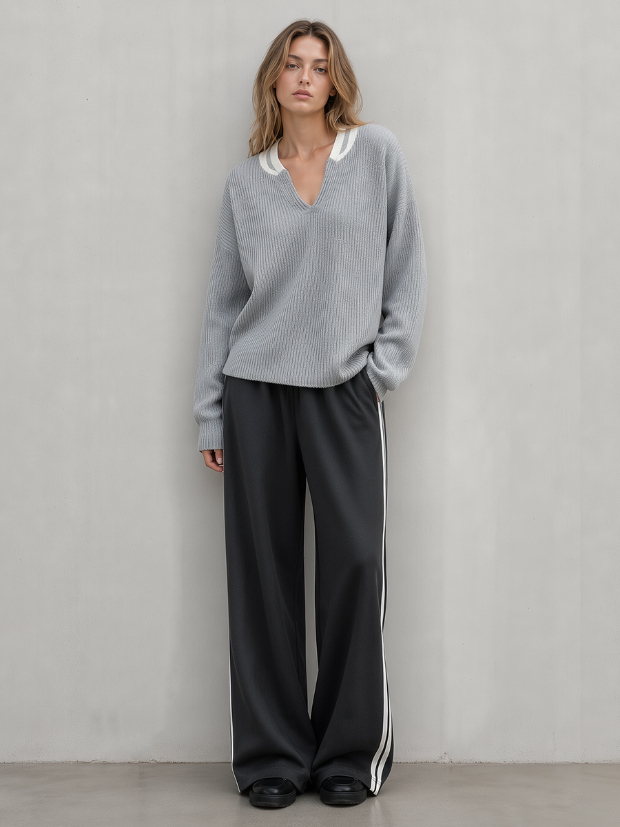 Grey V-neck Loose-fit Sweater With Contrasting Details And Side-stripe Wide-leg Pants Set