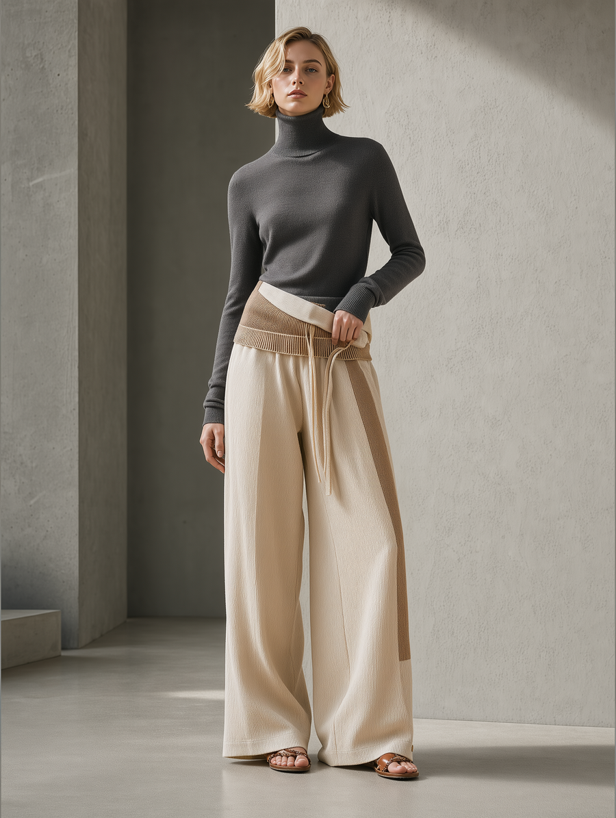 Charcoal Turtleneck & Cream Wrap-Tie Wide-Leg Pants Set