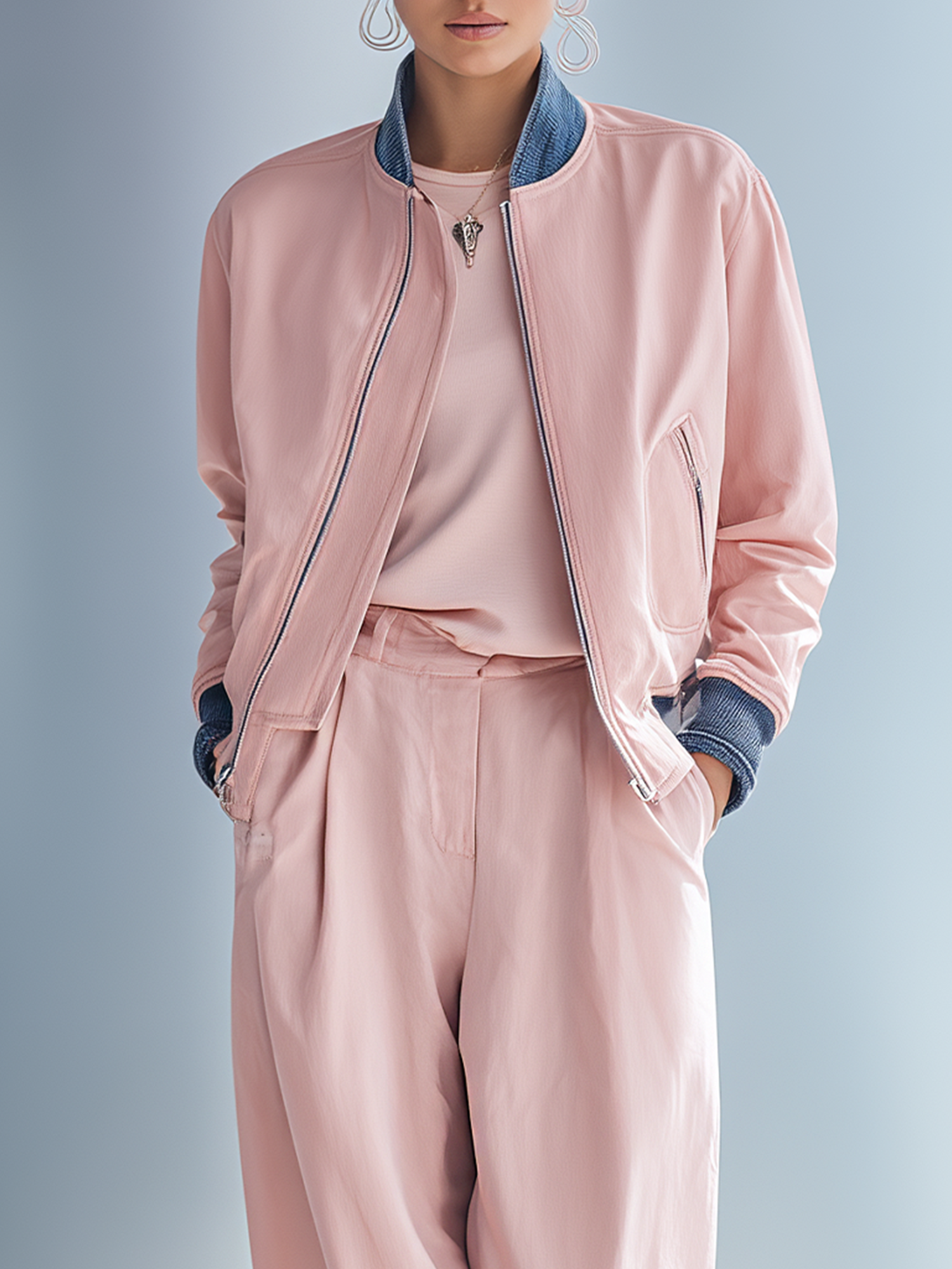Women's Stylish Pink Casual Jacket With Denim Trim