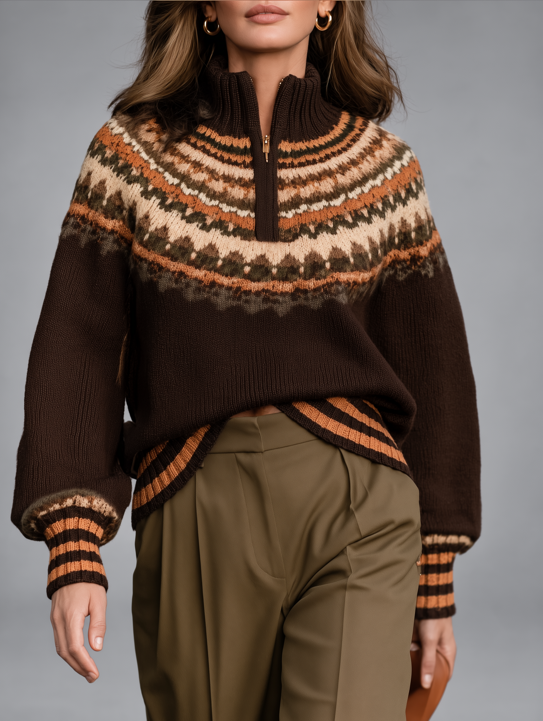 Brown Fair Isle Half-zip Sweater And Olive Wide-leg Trousers Set