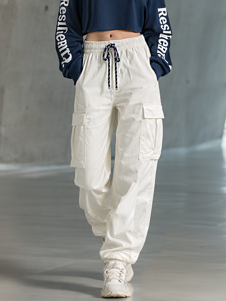Women's Stylish Casual White Color-block Drawstring Wide-leg Cargo Pants