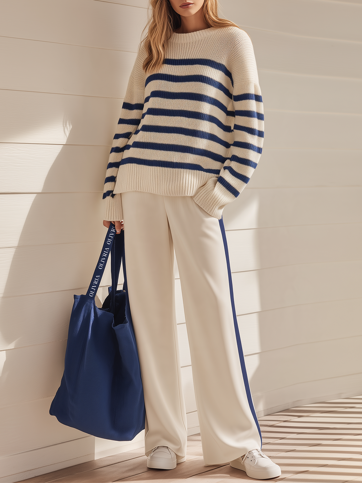 Off-white And Royal Blue Striped Knit Top And Trousers Set
