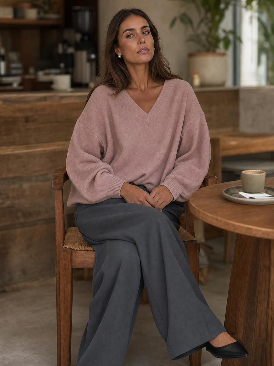 Dusty Pink V-Neck Sweater & Charcoal Pleated Wide-Leg Trousers Set