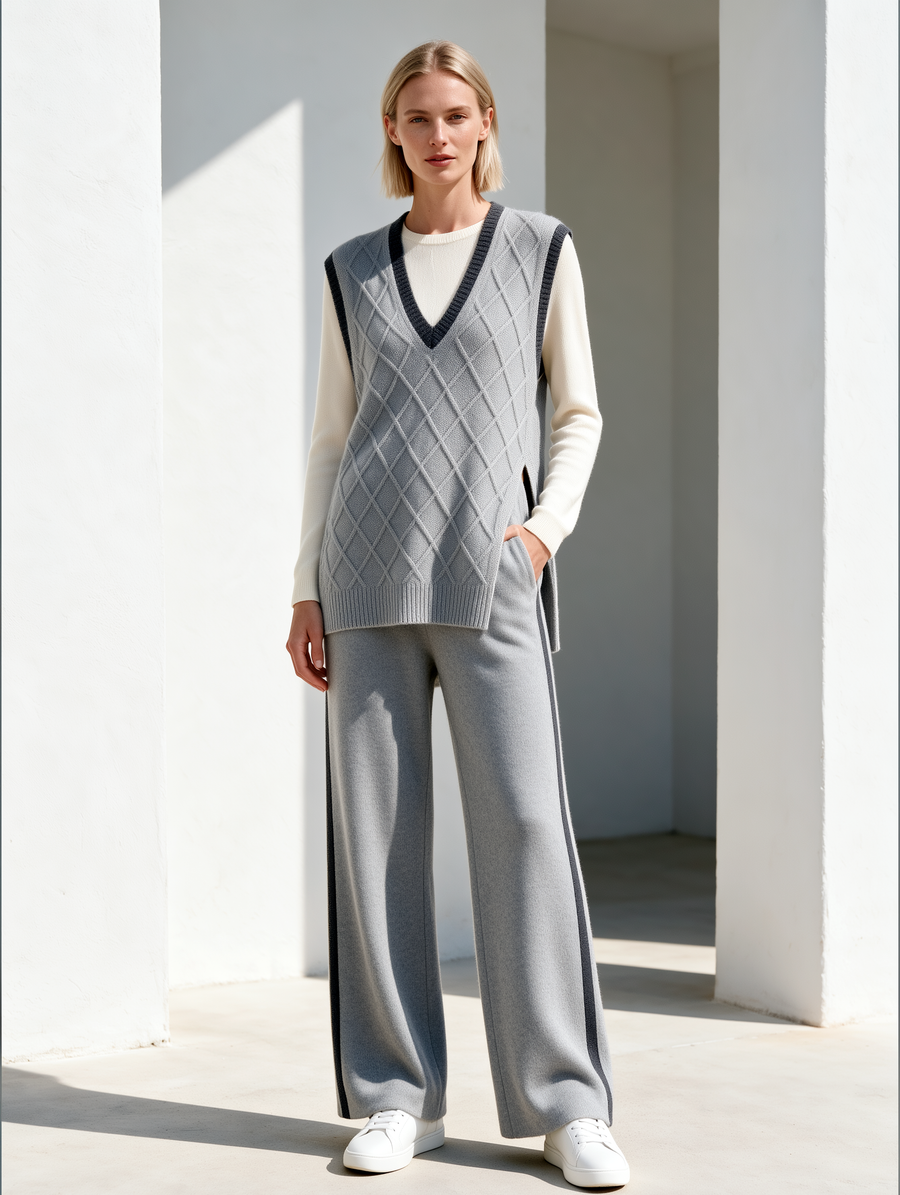 V-neck Argyle Vest With Side Slits And Wide-Leg Pants Set