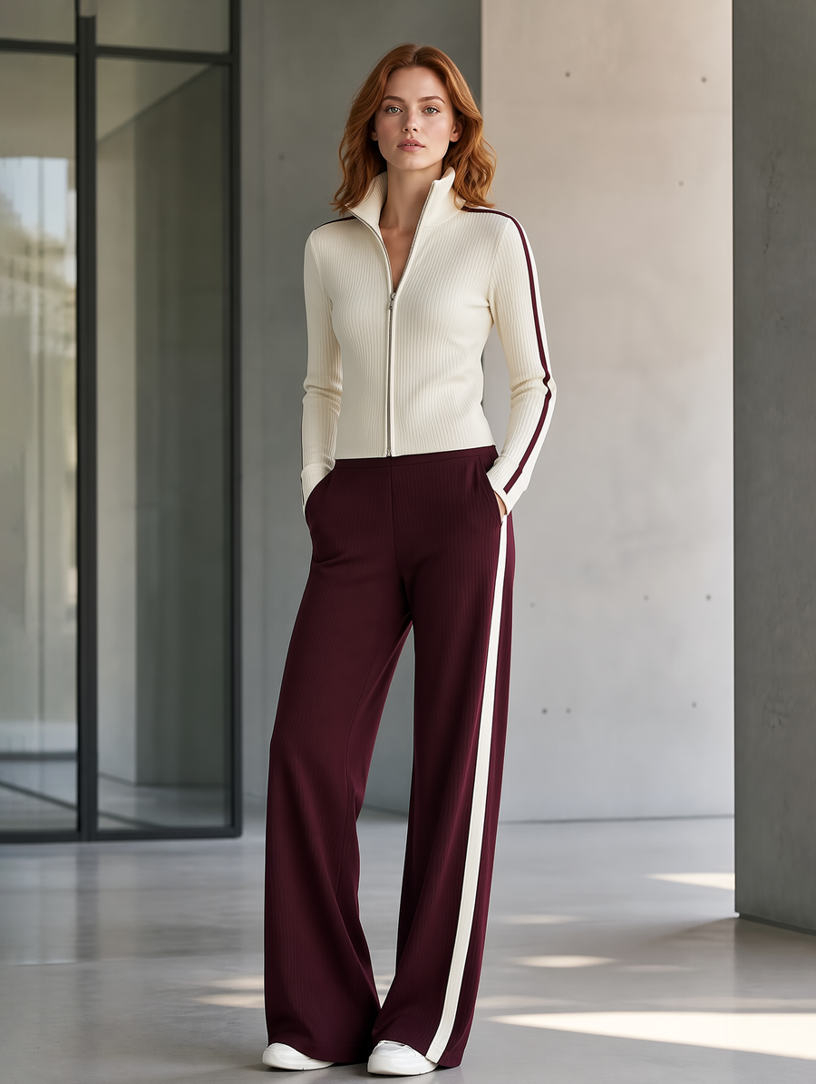 Off-white Ribbed Knit Cardigan And Burgundy Wide-leg Trousers Set