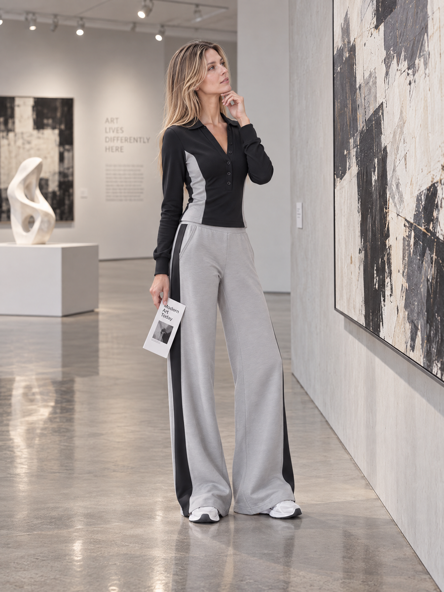 Stylish Casual Black And Grey Color-Block Long-Sleeve Top And Wide-Leg Pants Set