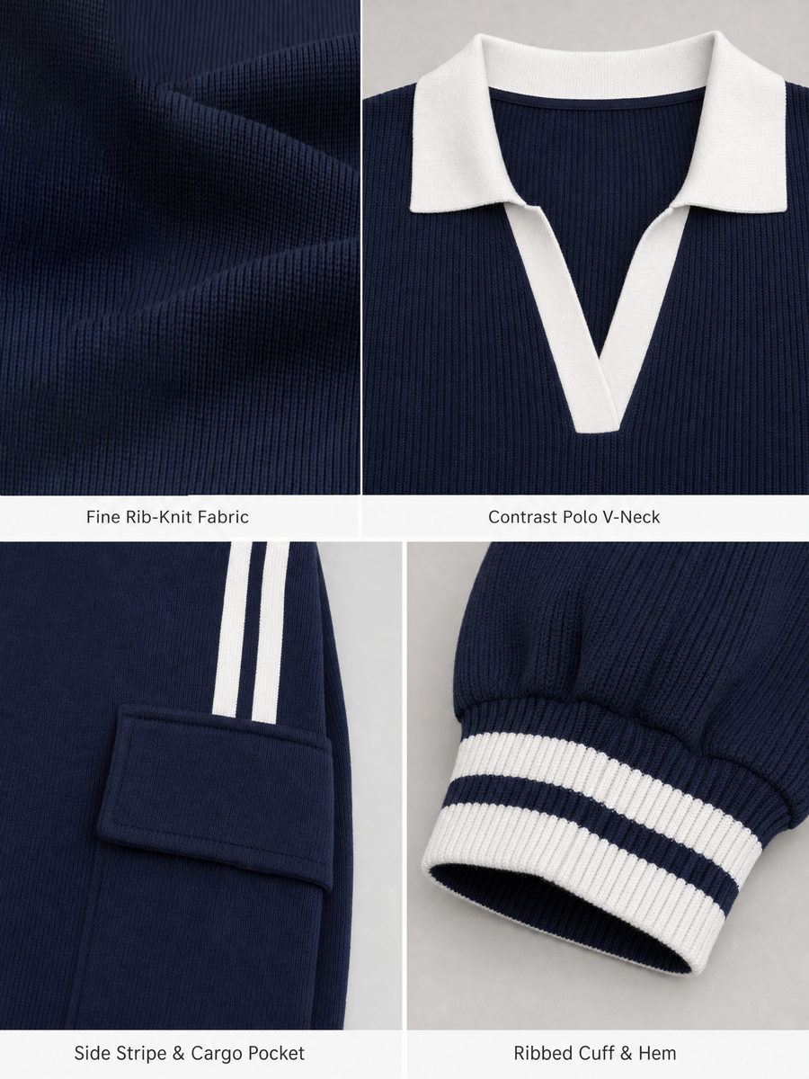 Navy Blue Polo Shirt And Cargo Joggers Set