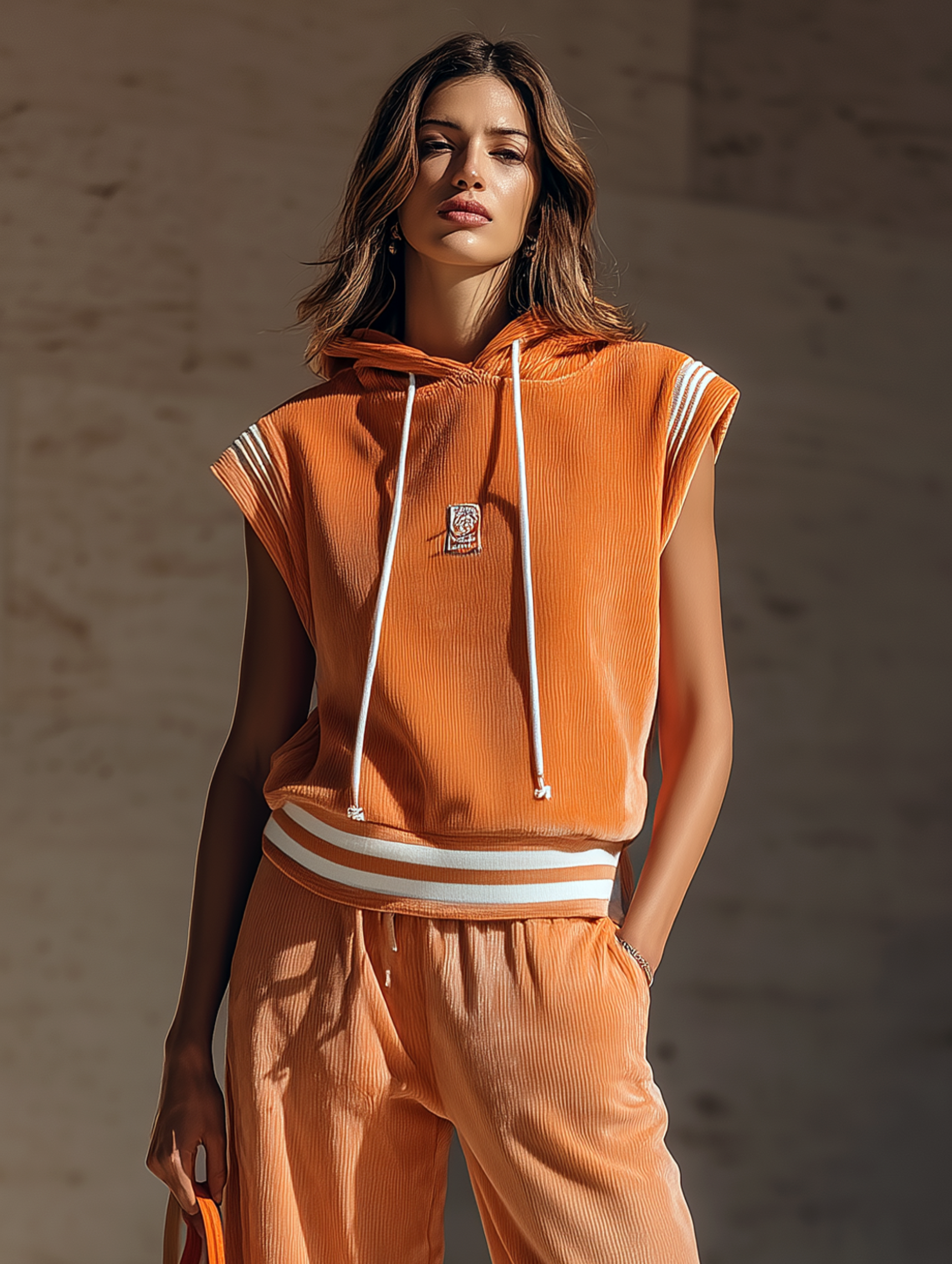 Retro Orange Velvet Hooded Vest  Sleeveless Casual Sports Top