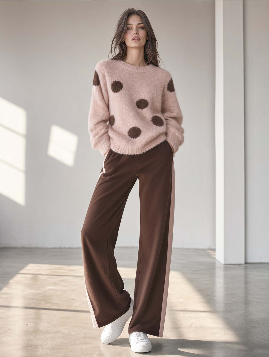 Misty Pink Long-sleeve Polka-dot Casual Sweater And Brown Trousers Set