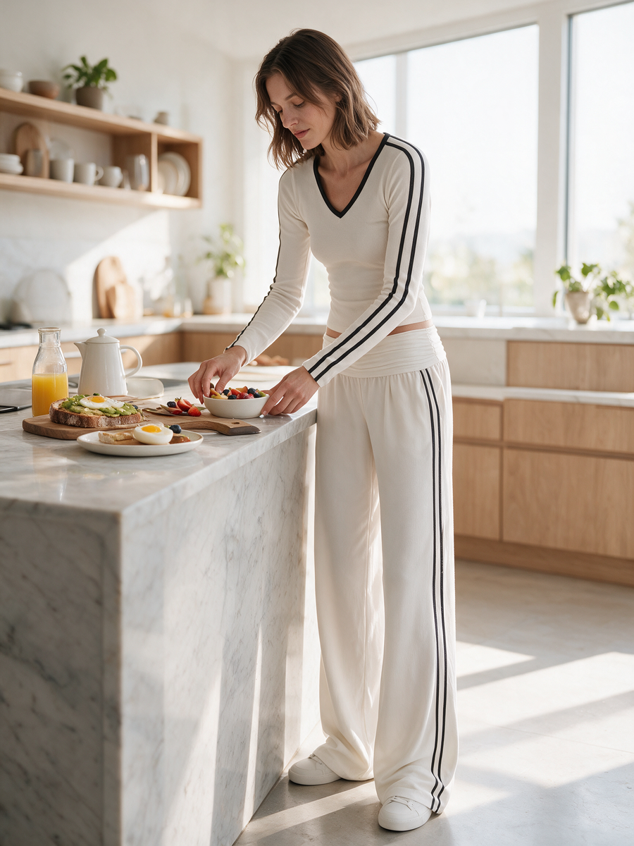 Relaxed-style White V-neck Fitted Long-sleeve Top And Wide-leg Trousers Casual Set