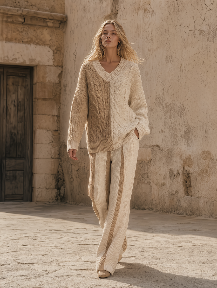 Cream Color-Block V-Neck Cable Knit Sweater & Wide-Leg Pants Set