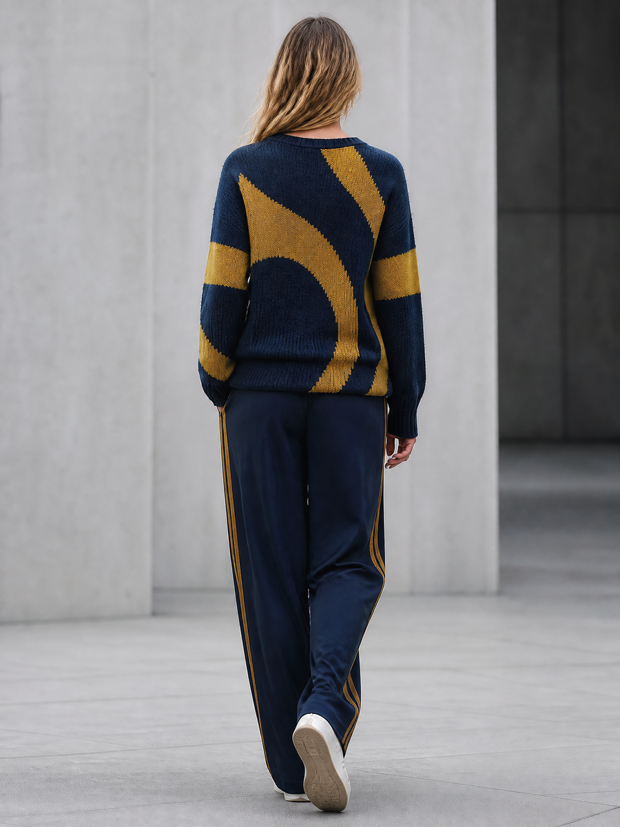 Navy Blue Color-block Jacquard V-neck Sweater And Wide-leg Casual Trousers Set