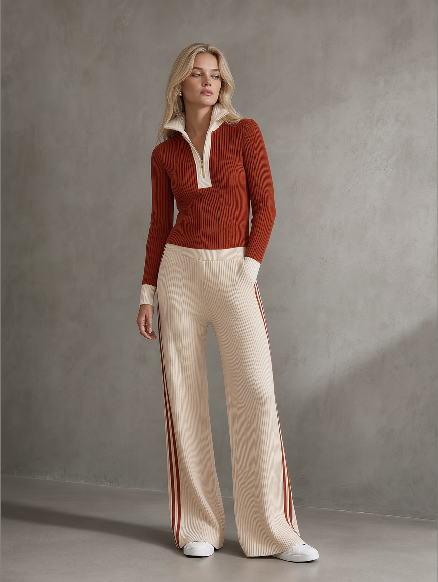 Rust Half-Zip Ribbed Knit Top & Side-Stripe Wide-Leg Pants Set