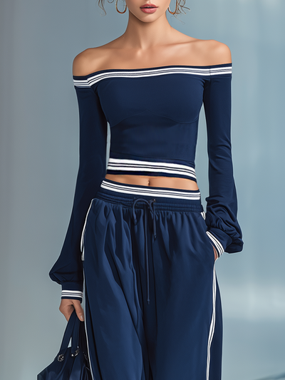 Women's Fashionable Casual Navy Blue And White Striped Off-the-shoulder Crop Top