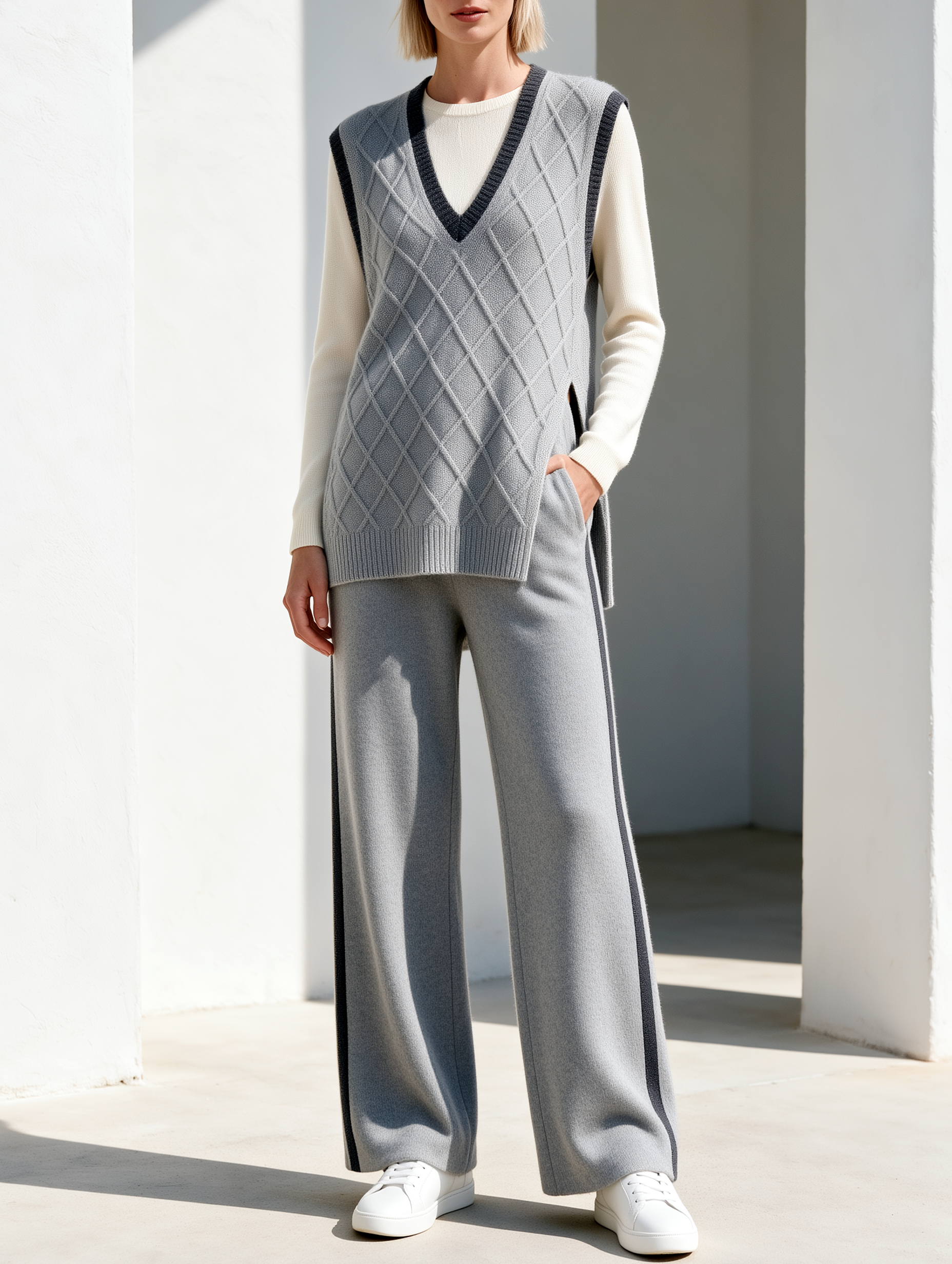 V-neck Argyle Vest With Side Slits And Wide-Leg Pants Set