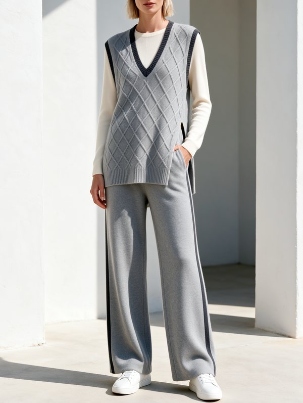 V-neck Argyle Vest With Side Slits And Wide-Leg Pants Set