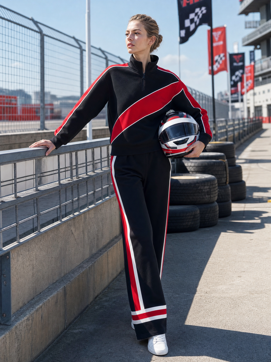 Athleisure-style Black Color-block Long-sleeve Top And Pants Set With A Half-zip Collar