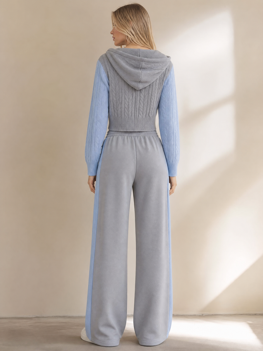 Stylish Casual Grey And Blue Color-Block Long-Sleeve Hoodie And Pants Set