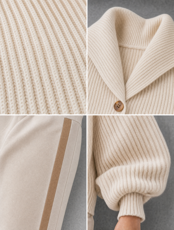 Cream Shawl-Collar Knit Cardigan & Side-Stripe Jogger Pants Set