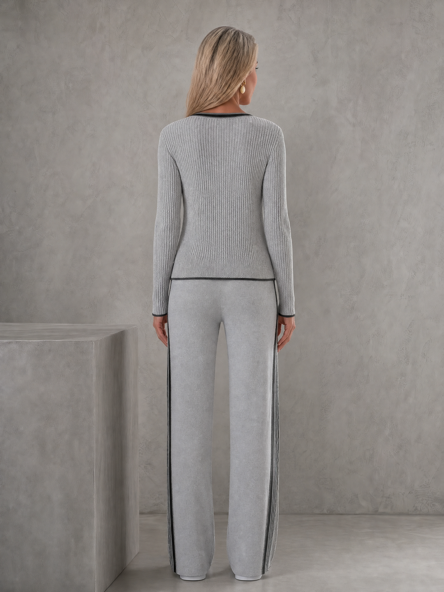 Light Grey Ribbed V-Neck Cardigan & Wide-Leg Pants Set