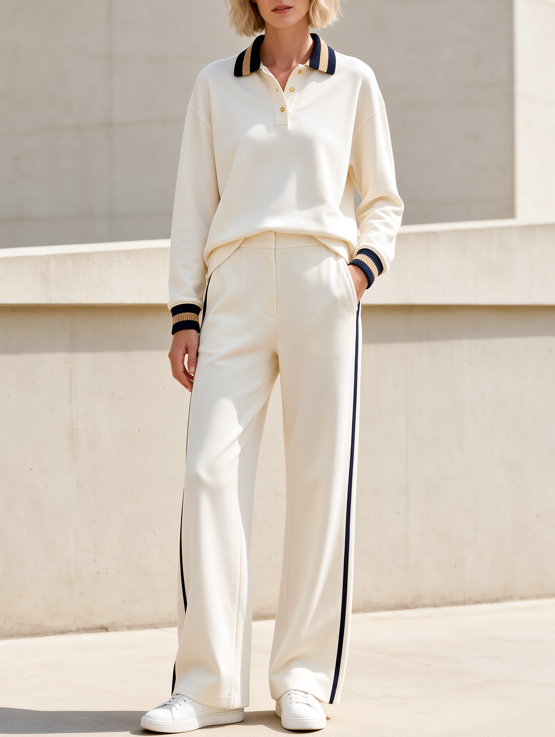 Off-white Collared Sweatshirt And Straight-leg Pants Set