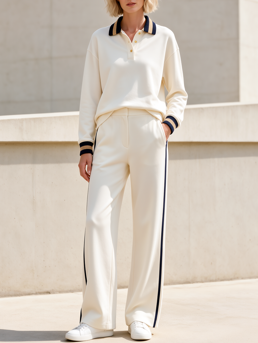 Off-white Collared Sweatshirt And Straight-leg Pants Set