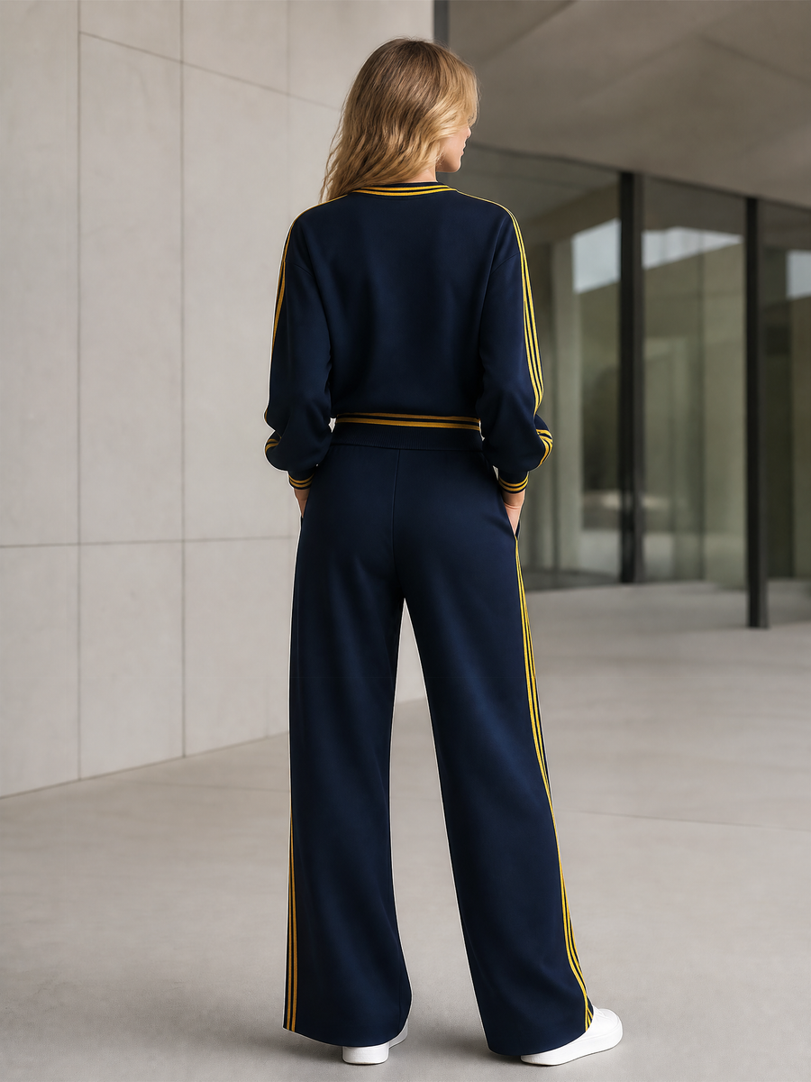 Navy Color-block Striped Drop-shoulder Top And Wide-leg Trousers Set