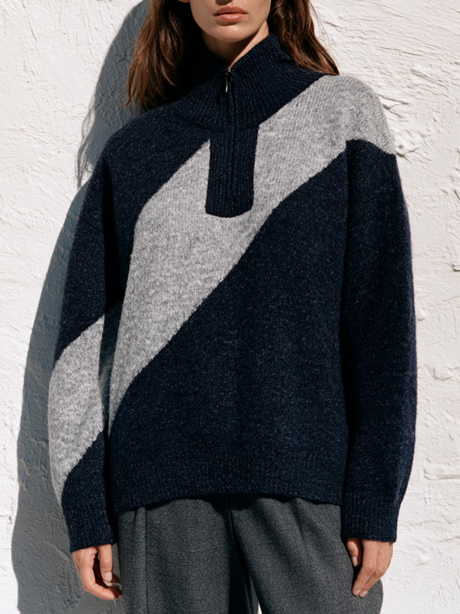 Navy Grey Diagonal Color‑Block Half‑Zip Turtleneck Oversized Knit Sweater