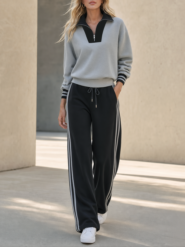 Light Gray Color-block Half-zip Top And Black Wide-leg Trousers Set