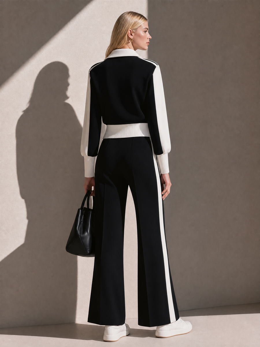 Black And White Color-block Collared Button-up Top And Side-stripe Slight-flare Wide-leg Trousers Set