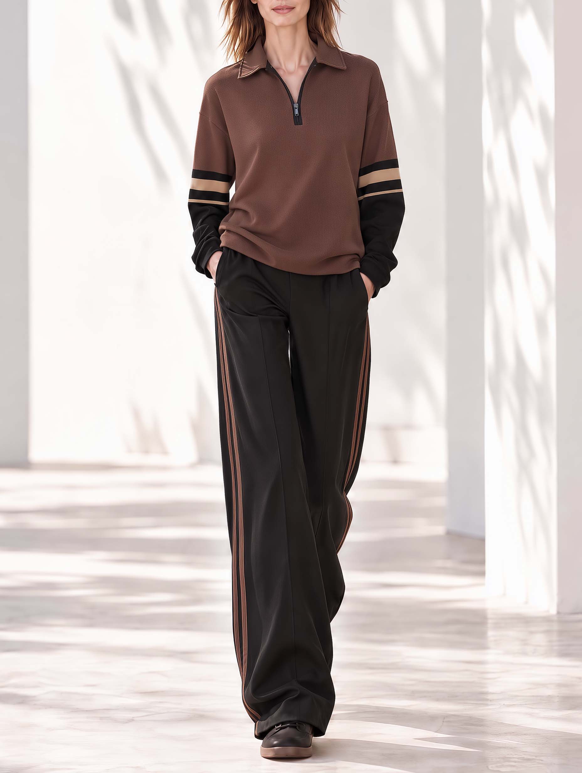 Black And Brown Color-block Long-sleeve Top And Trousers Set With Half-zip Collar