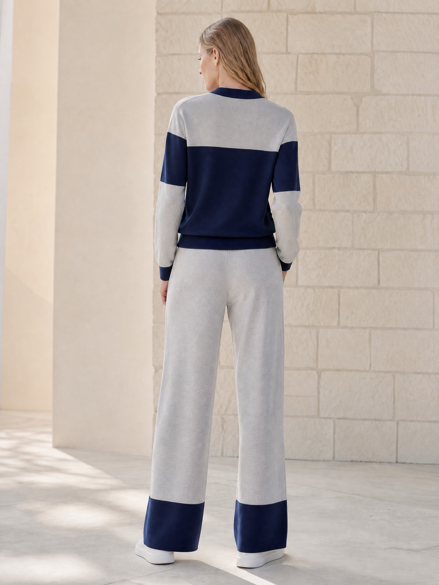 Navy And Grey Color-block Long-sleeve Crew-neck Cardigan And Trousers Set