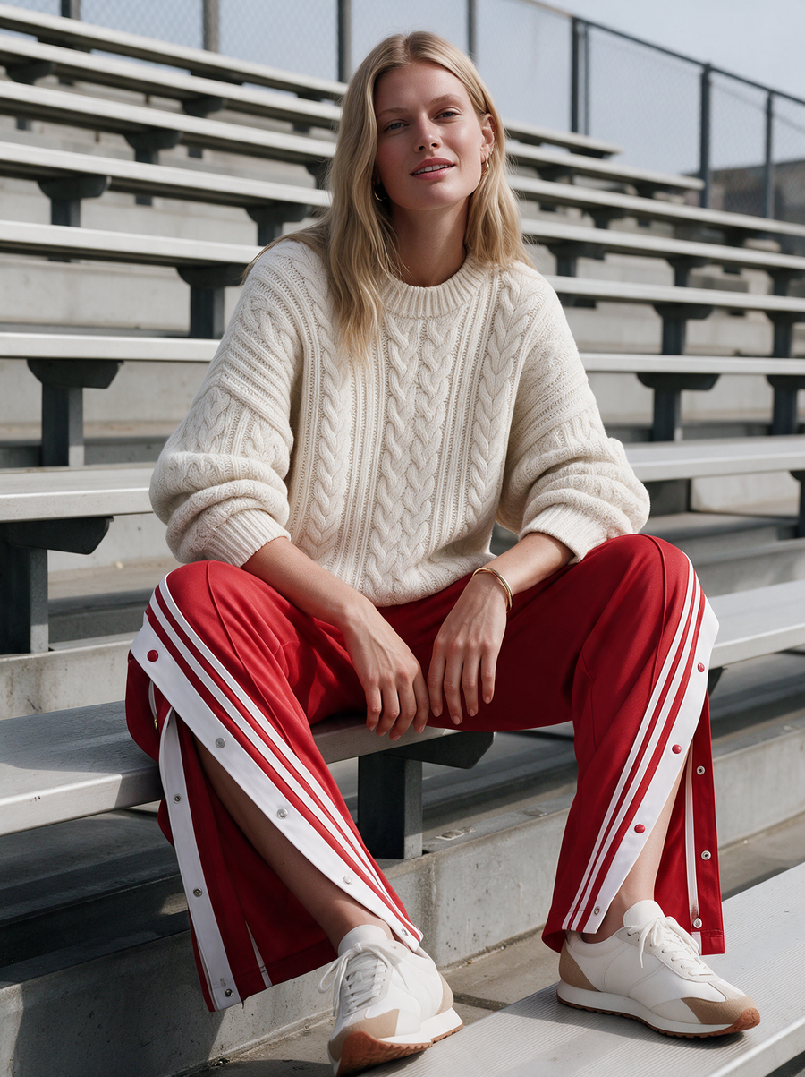 Cream Cable Knit Sweater & Red Side-Stripe Track Pants Set