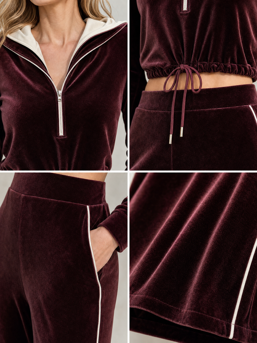 Women's Velvet Contrast Piping Hooded Crop Top and Wide Leg Pants Set