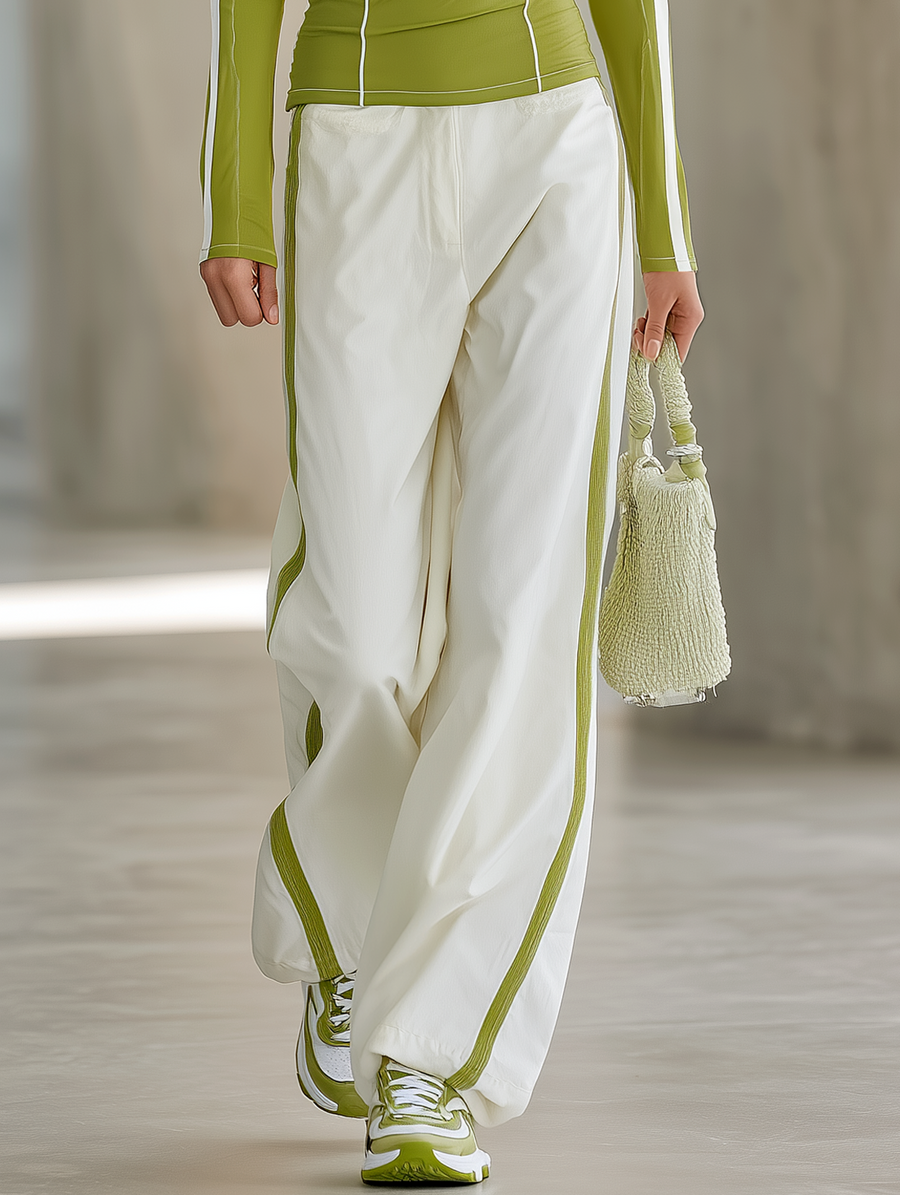 Women's Versatile White And Olive Green Wide-leg Casual Trousers