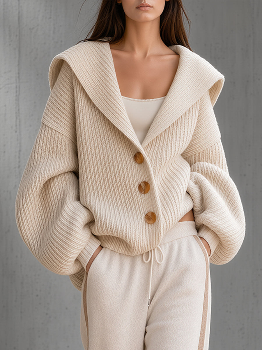 Cream Shawl Collar Ribbed Knit Cardigan