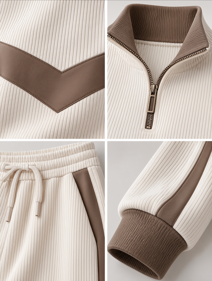 Oatmeal Color-Block Half-Zip Knit Top & Wide-Leg Pants Set
