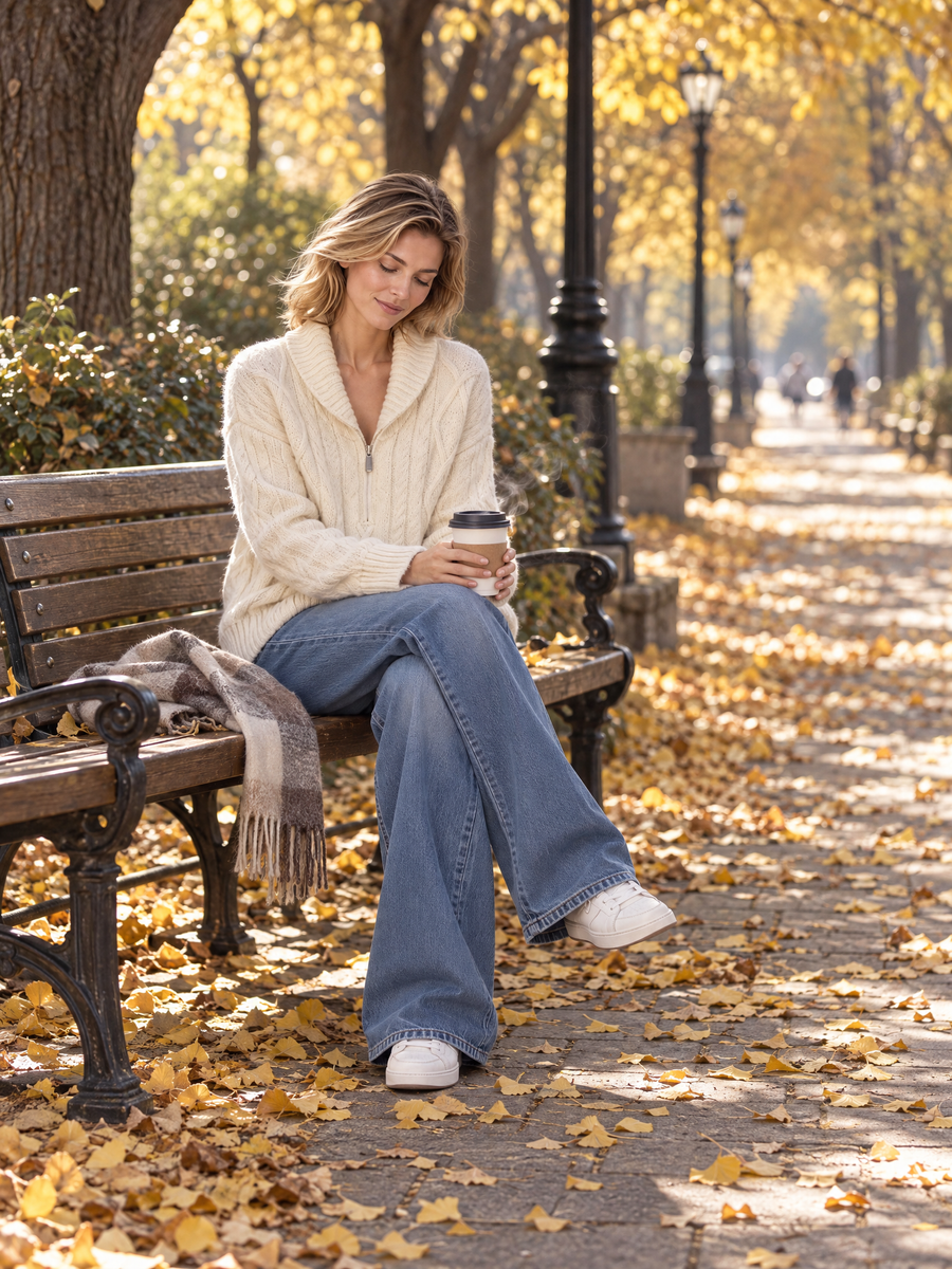 Stylish And Versatile Off-white Cable-knit Long-sleeve Sweater With A Half-zip Collar