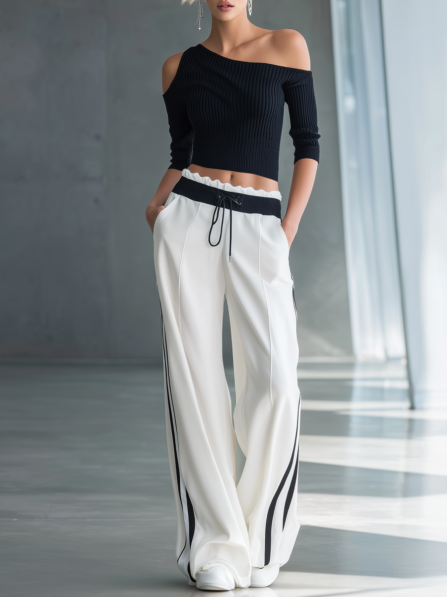 Women's Fashionable Casual Black Off-the-shoulder Top And Wide-leg Pants Set