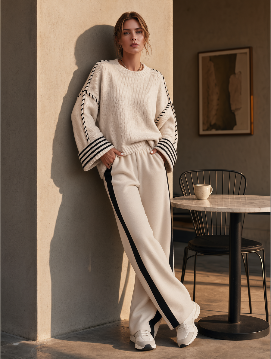 Cream Whipstitch Chunky Sweater & Black Side Stripe Wide-Leg Pants Set
