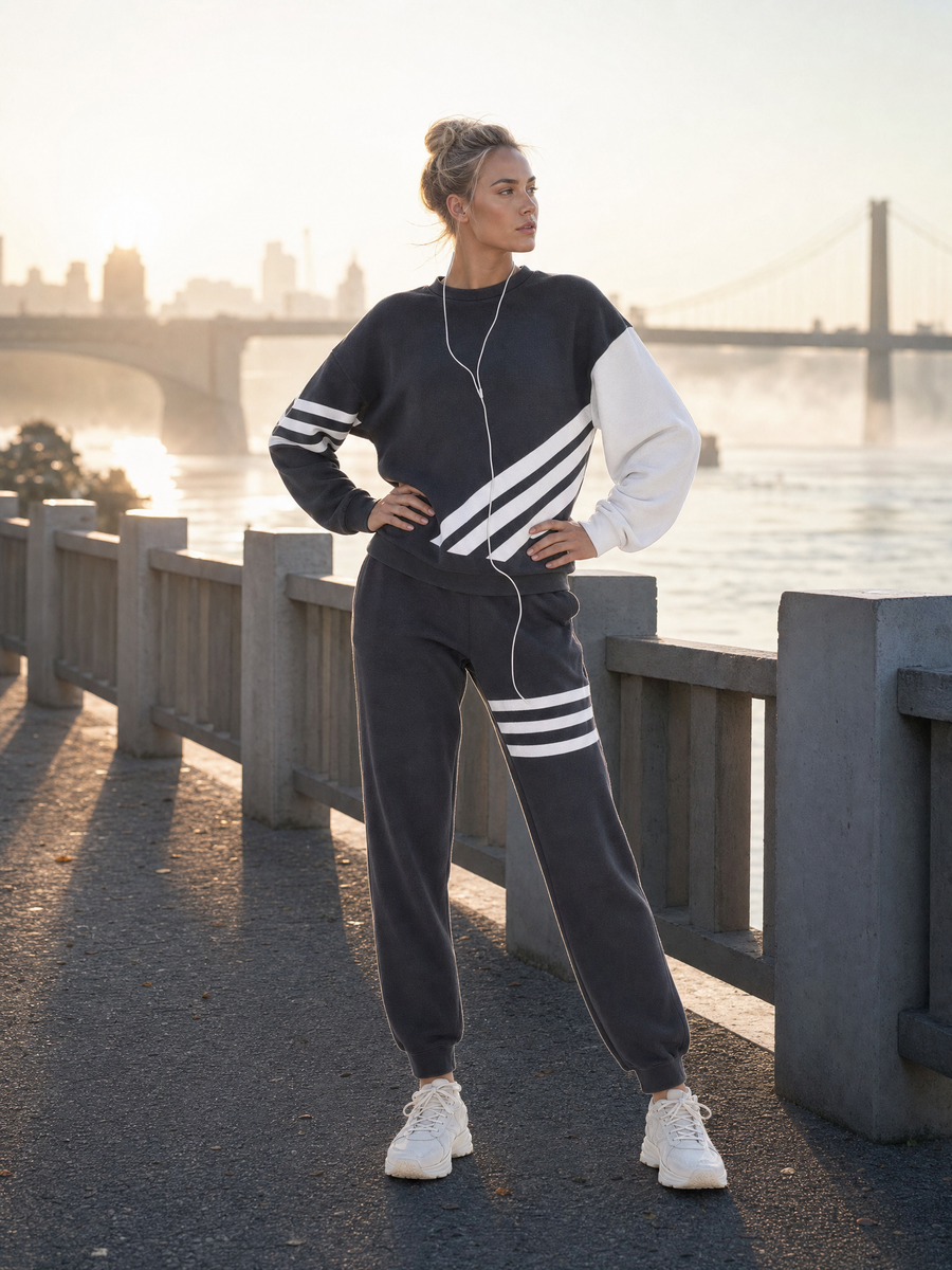 Athleisure-style Dark Gray And White Color-block Top And Pants Set