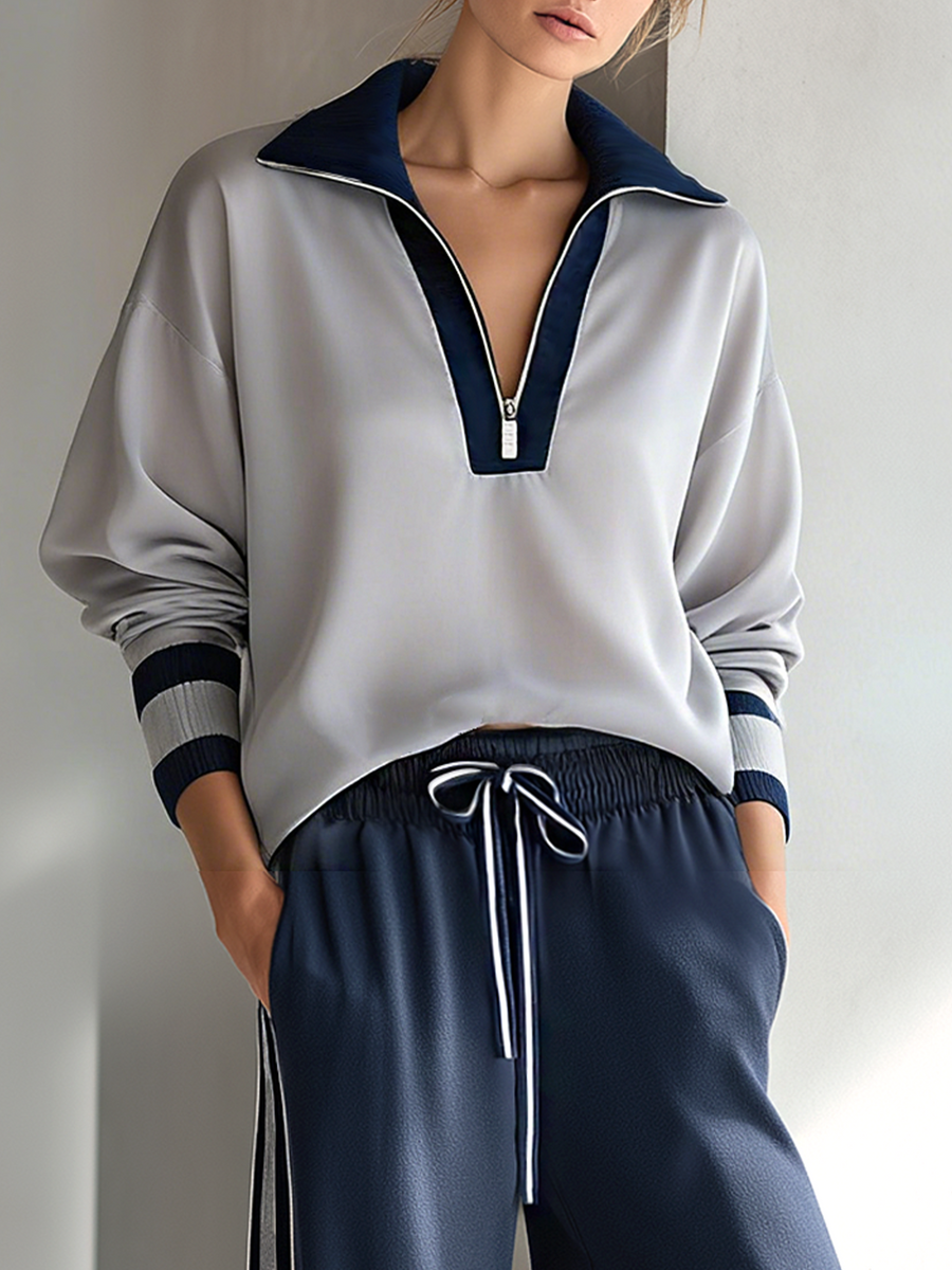 Women's Fashionable Casual Grey Color-block Half-zip Collared Loose-fitting Top