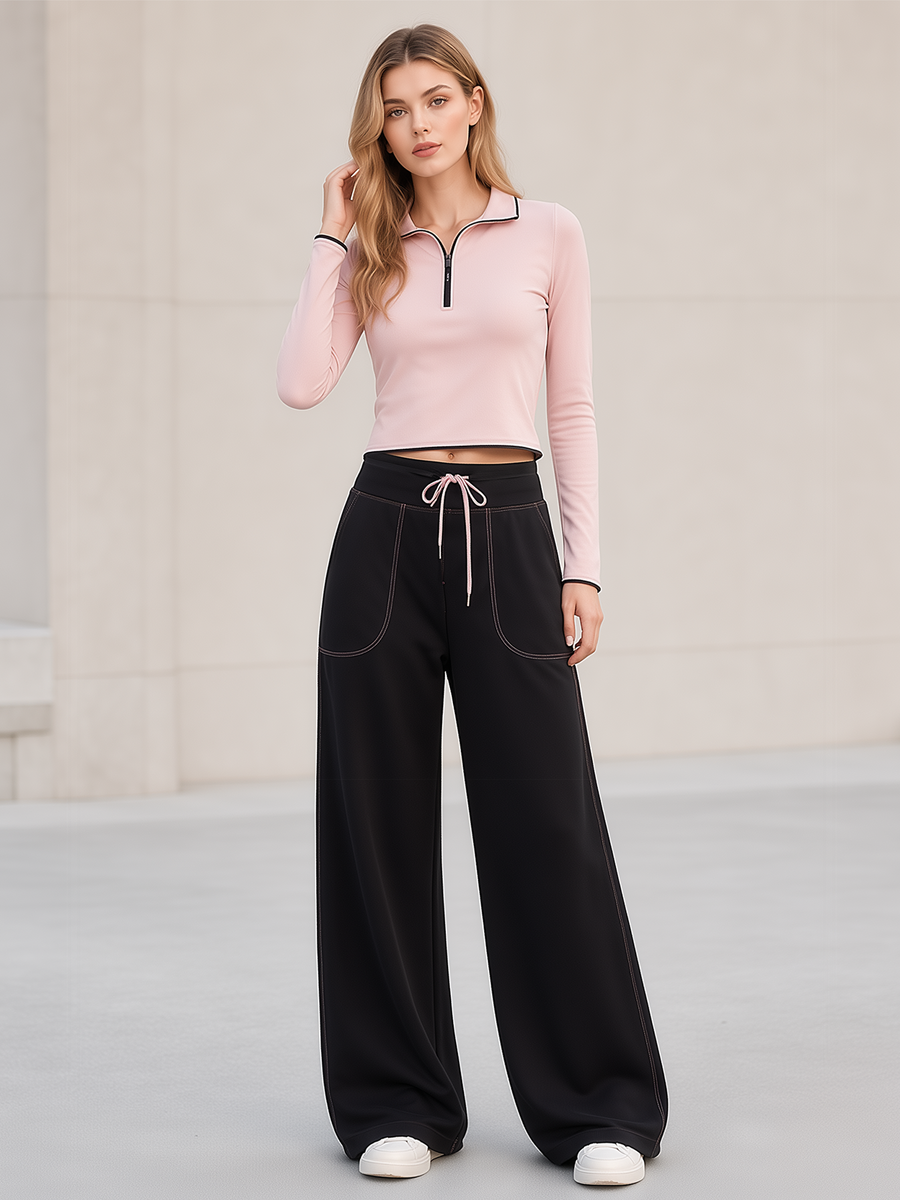 Pink Half-zip Cropped Top And Black Wide-leg Trousers Set