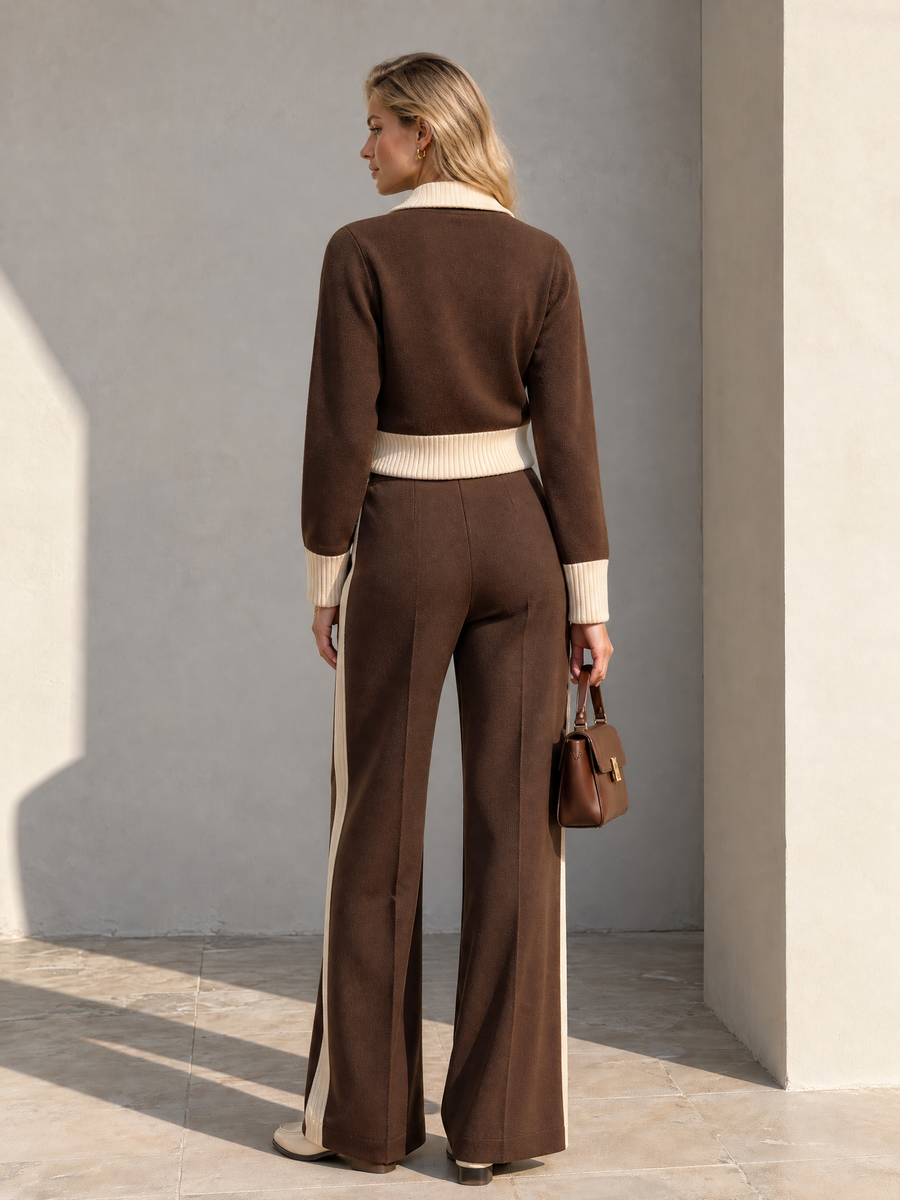 Brown Collared Jacket And High-waisted Wide-leg Trousers Set