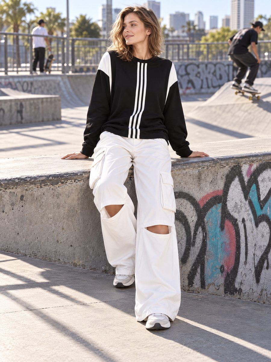 Black And White Color-Block Long-Sleeve Top And Utility-Style Cut-Out Wide-Leg Pants Set