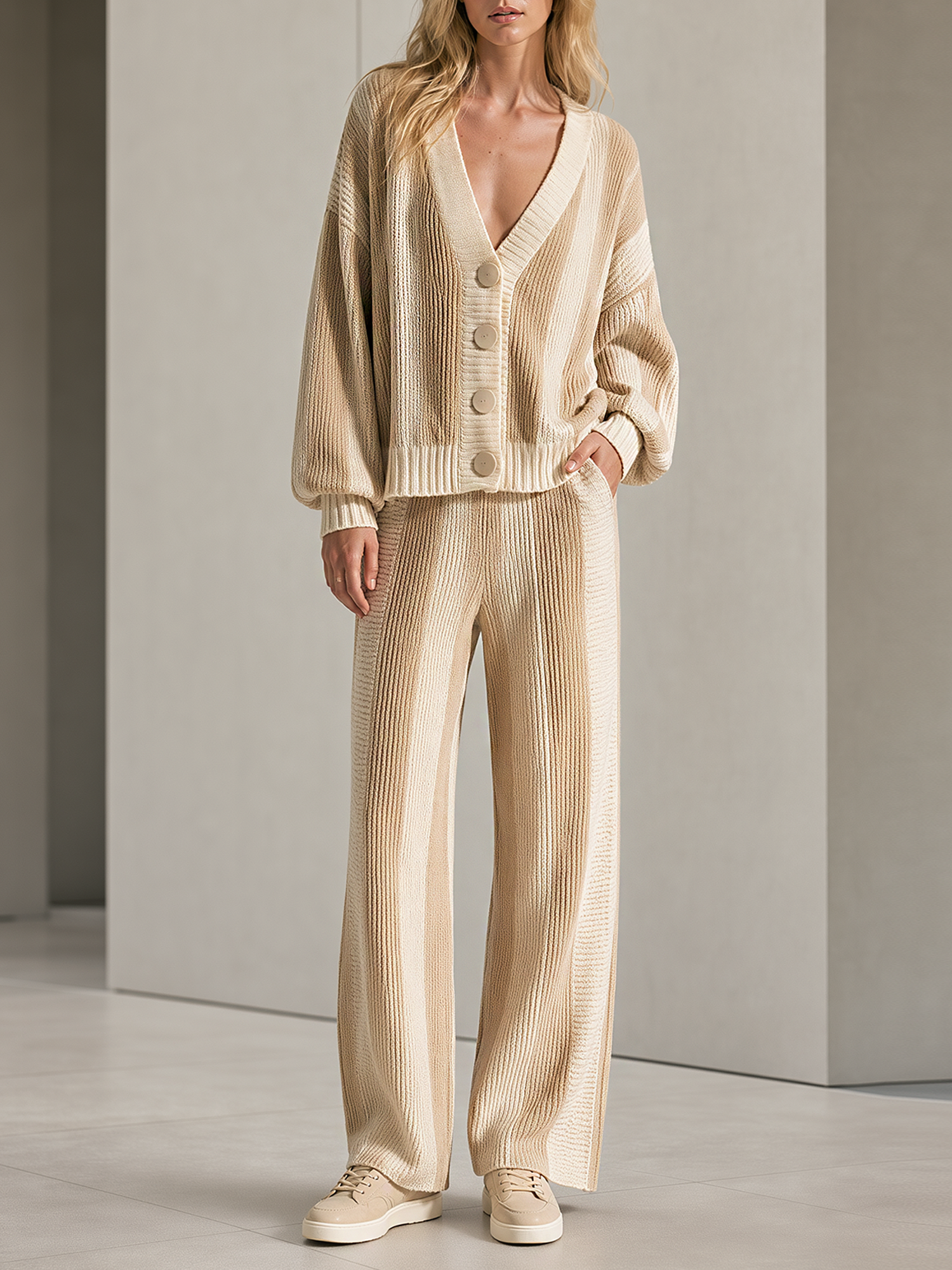 Khaki V-neck Button-up Cardigan And Knit Pants Set With Contrasting Vertical Stripes