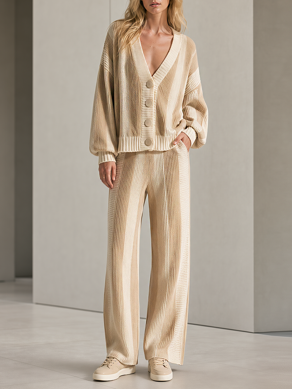 Khaki V-neck Button-up Cardigan And Knit Pants Set With Contrasting Vertical Stripes